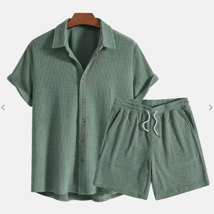 Men’s Woven Summer Set – Textured Shirt & Shorts