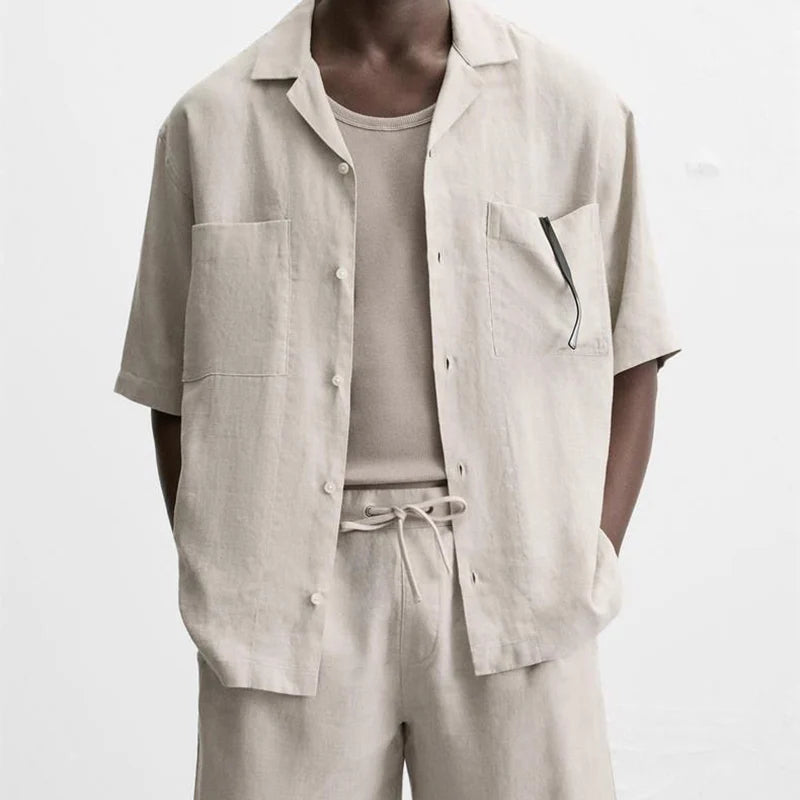 Men’s Tailored Linen Set – Relaxed Shirt & Drawstring Shorts