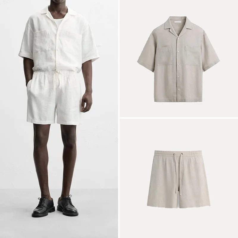 Men’s Tailored Linen Set – Relaxed Shirt & Drawstring Shorts