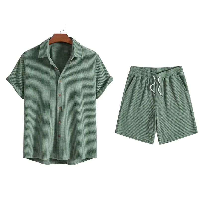 Men’s Woven Summer Set – Textured Shirt & Shorts